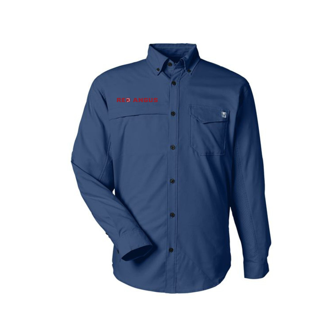 Red Angus: HUK Long Sleeve Fishing Shirt- Navy