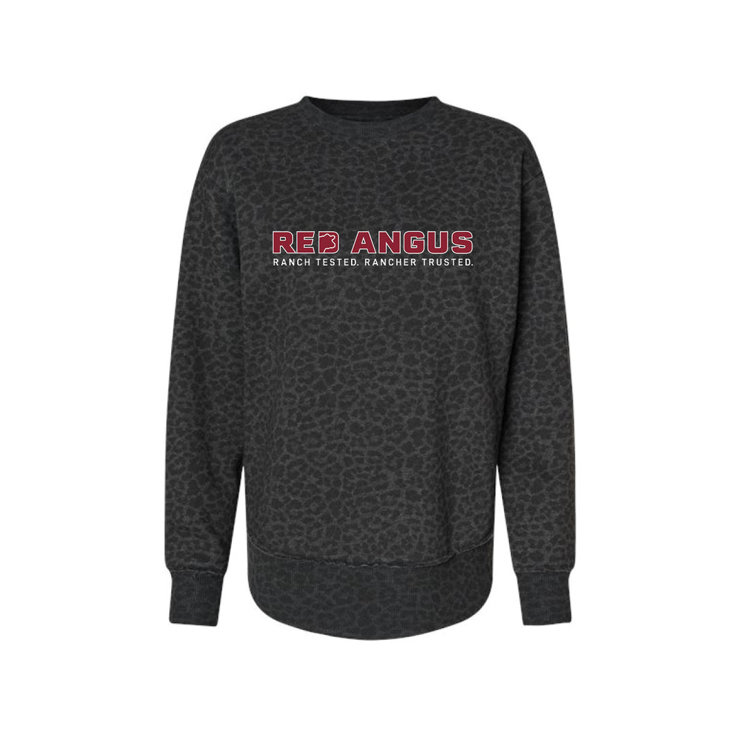 Red Angus: Black Leopard Women's Fleece Crewneck with RAAA logo